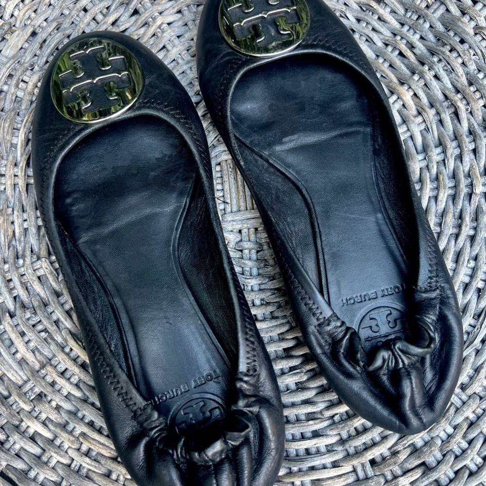 Tory Burch Black Leather Flats with Gold Logo